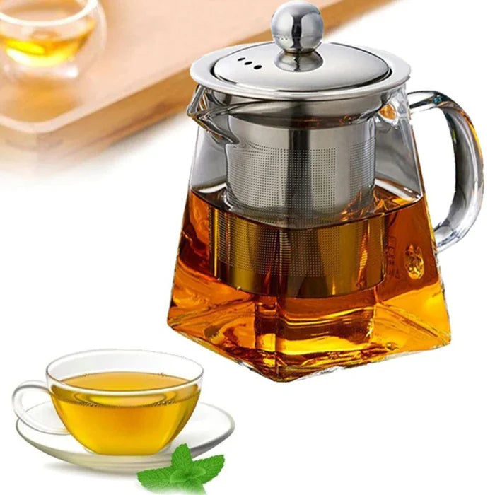 Bule de Vidro Térmico Vivelle com infusor de aço inoxidável, design sofisticado e resistente, ideal para preparar chás e infusões aromáticas.