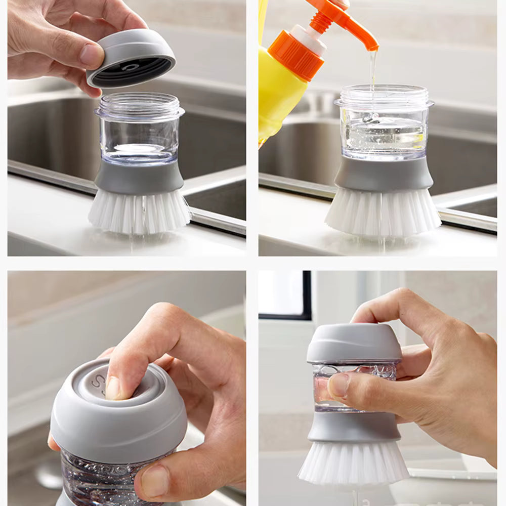 Escova Dispenser para Louça Vivelle com cerdas resistentes, dispenser de detergente integrado e suporte para armazenamento prático.