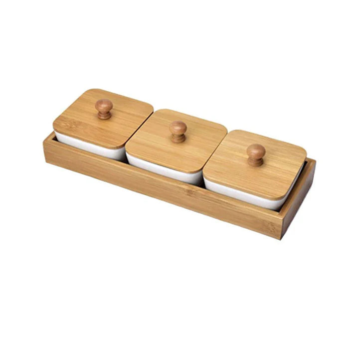 Kit de Armazenamento com Tigelas de Cerâmica Vivelle, com design sofisticado, tampas de bambu vedantes e material resistente para armazenar e servir com estilo.