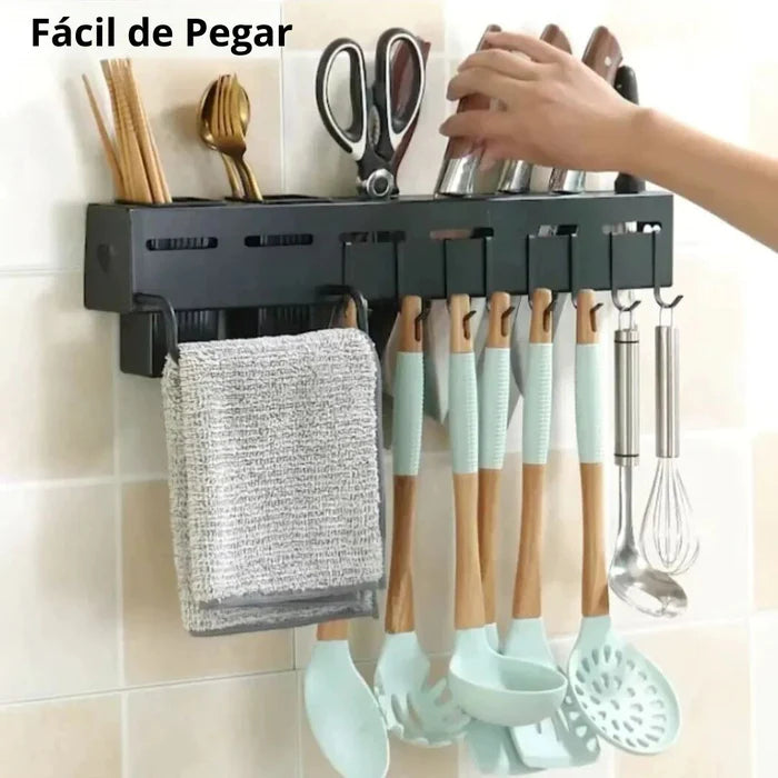 Organizador de Parede para Cozinha Vivelle em aço inoxidável, com ganchos e suporte, ideal para otimizar o espaço e manter utensílios organizados.