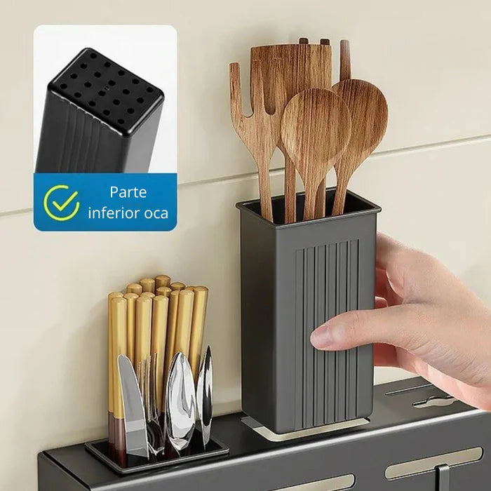 Organizador de Parede para Cozinha Vivelle em aço inoxidável, com ganchos e suporte, ideal para otimizar o espaço e manter utensílios organizados.