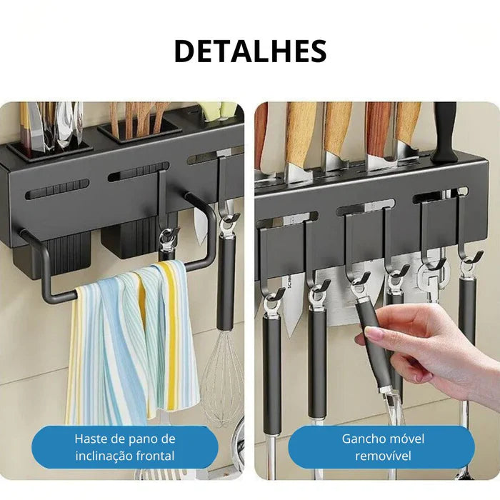 Organizador de Parede para Cozinha Vivelle em aço inoxidável, com ganchos e suporte, ideal para otimizar o espaço e manter utensílios organizados.