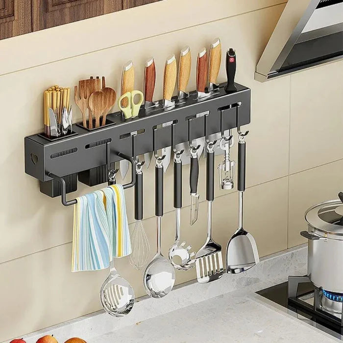 Organizador de Parede para Cozinha Vivelle em aço inoxidável, com ganchos e suporte, ideal para otimizar o espaço e manter utensílios organizados.